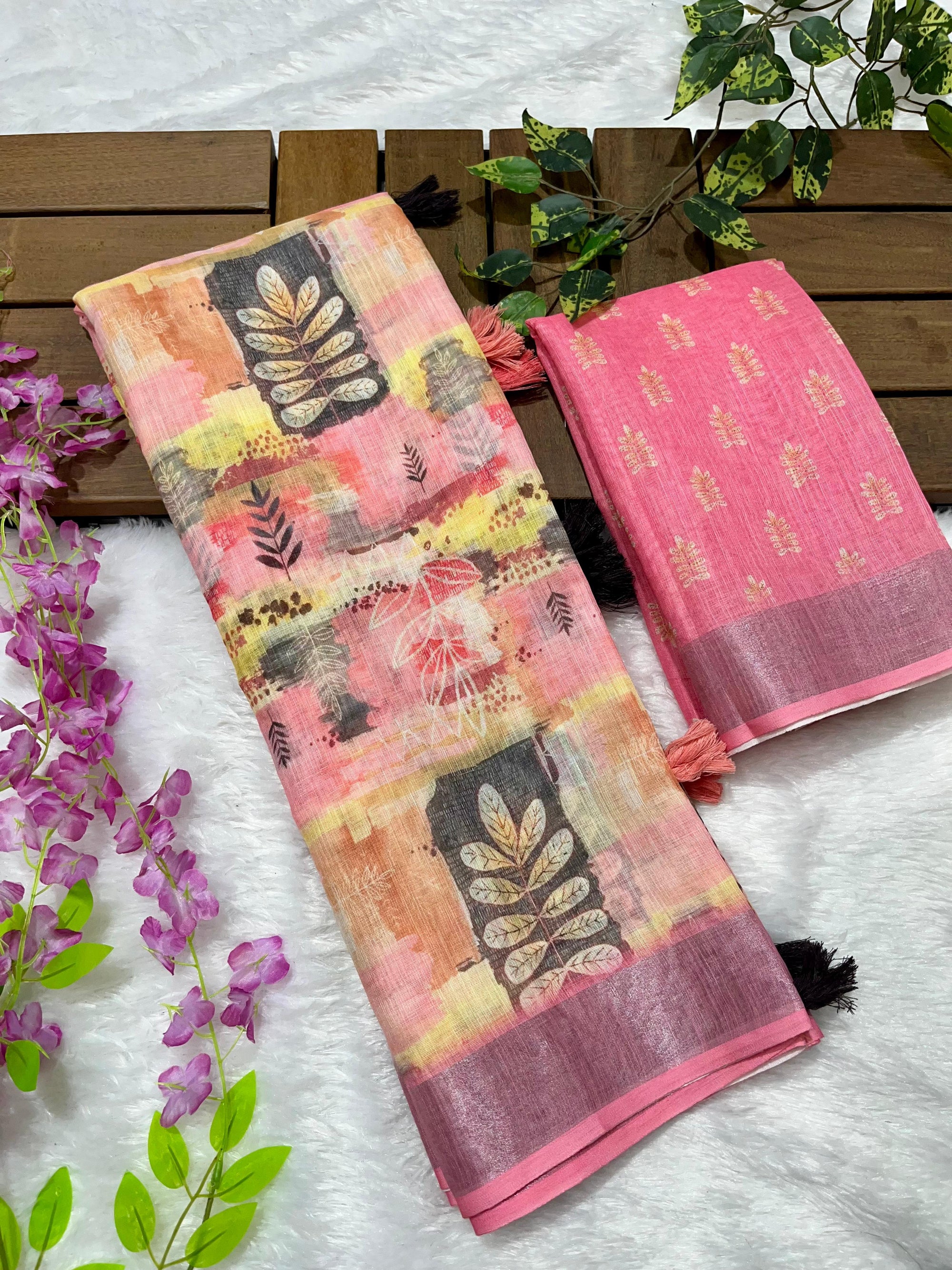 Linen Cotton Saree with Floral Digital Prints