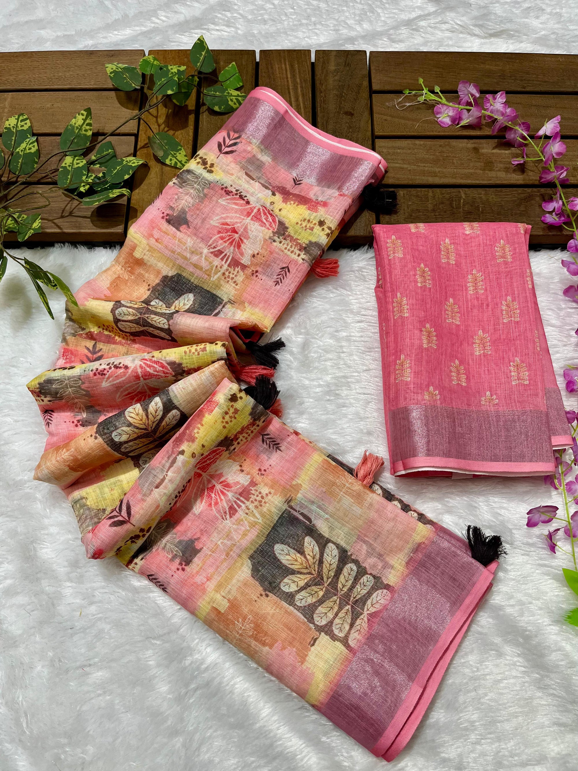Linen Cotton Saree with Floral Digital Prints