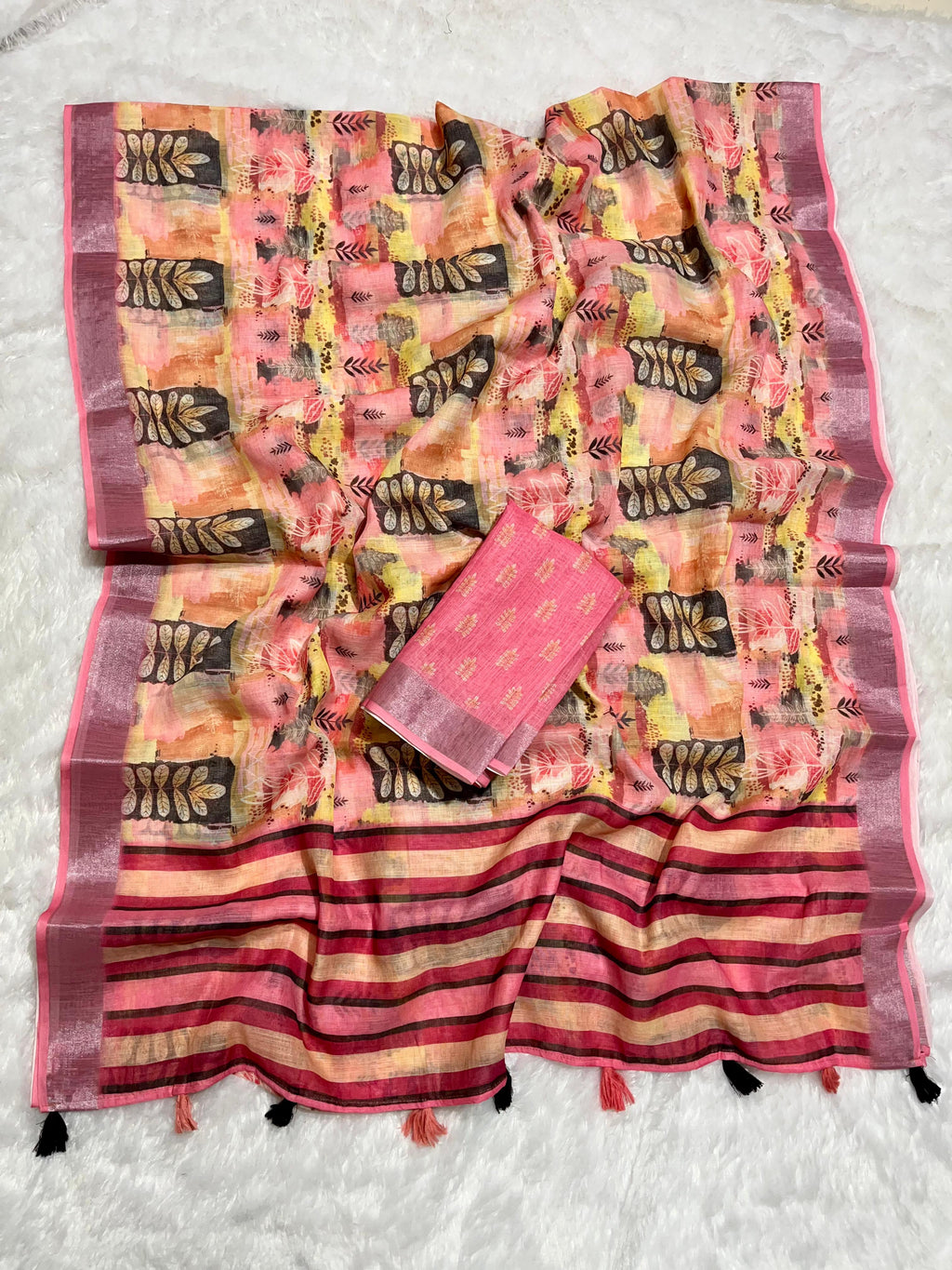 Linen Cotton Saree with Floral Digital Prints