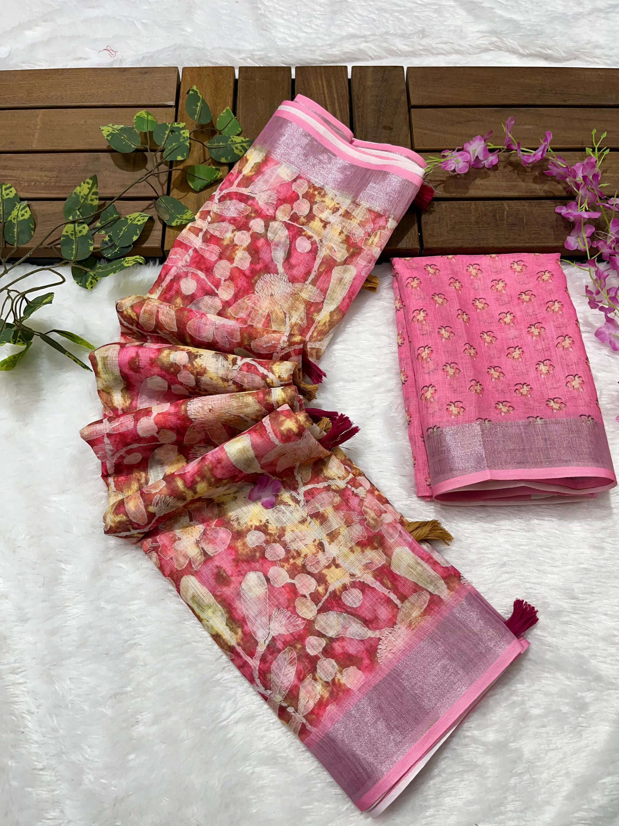 Linen Cotton Saree with Floral Digital Prints