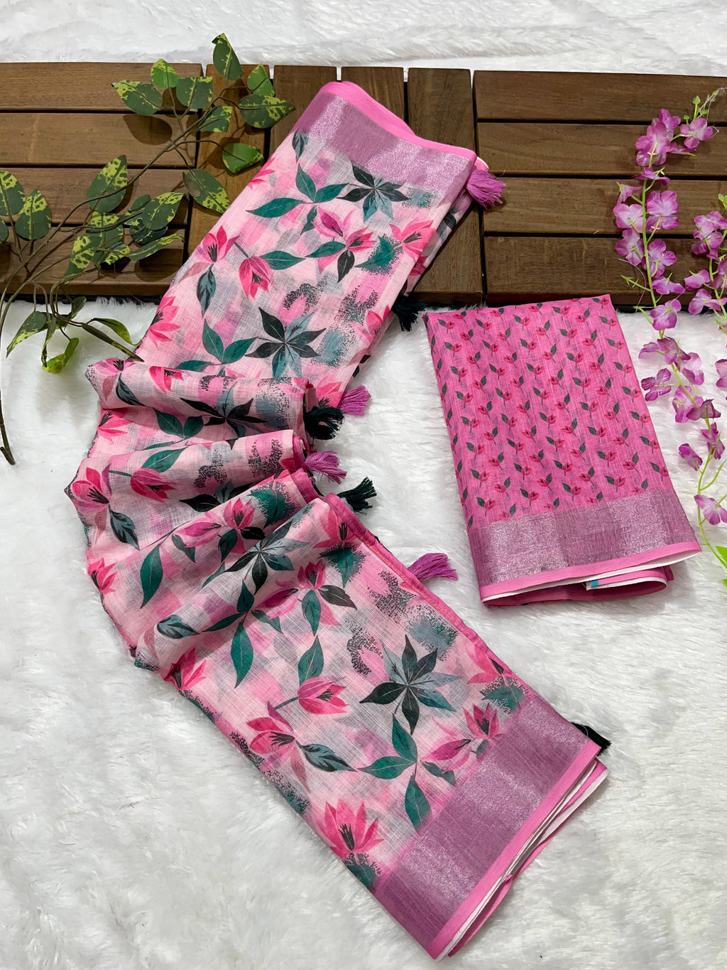 Linen Cotton Saree with Floral Digital Prints
