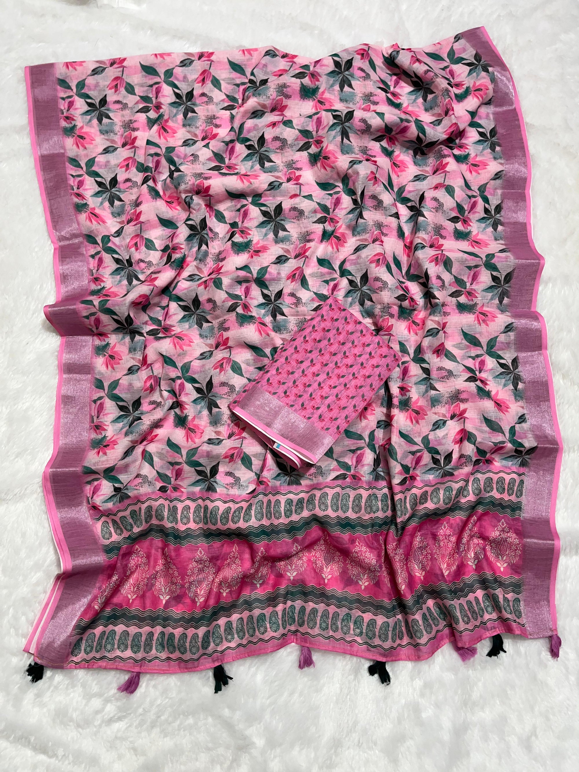 Linen Cotton Saree with Floral Digital Prints