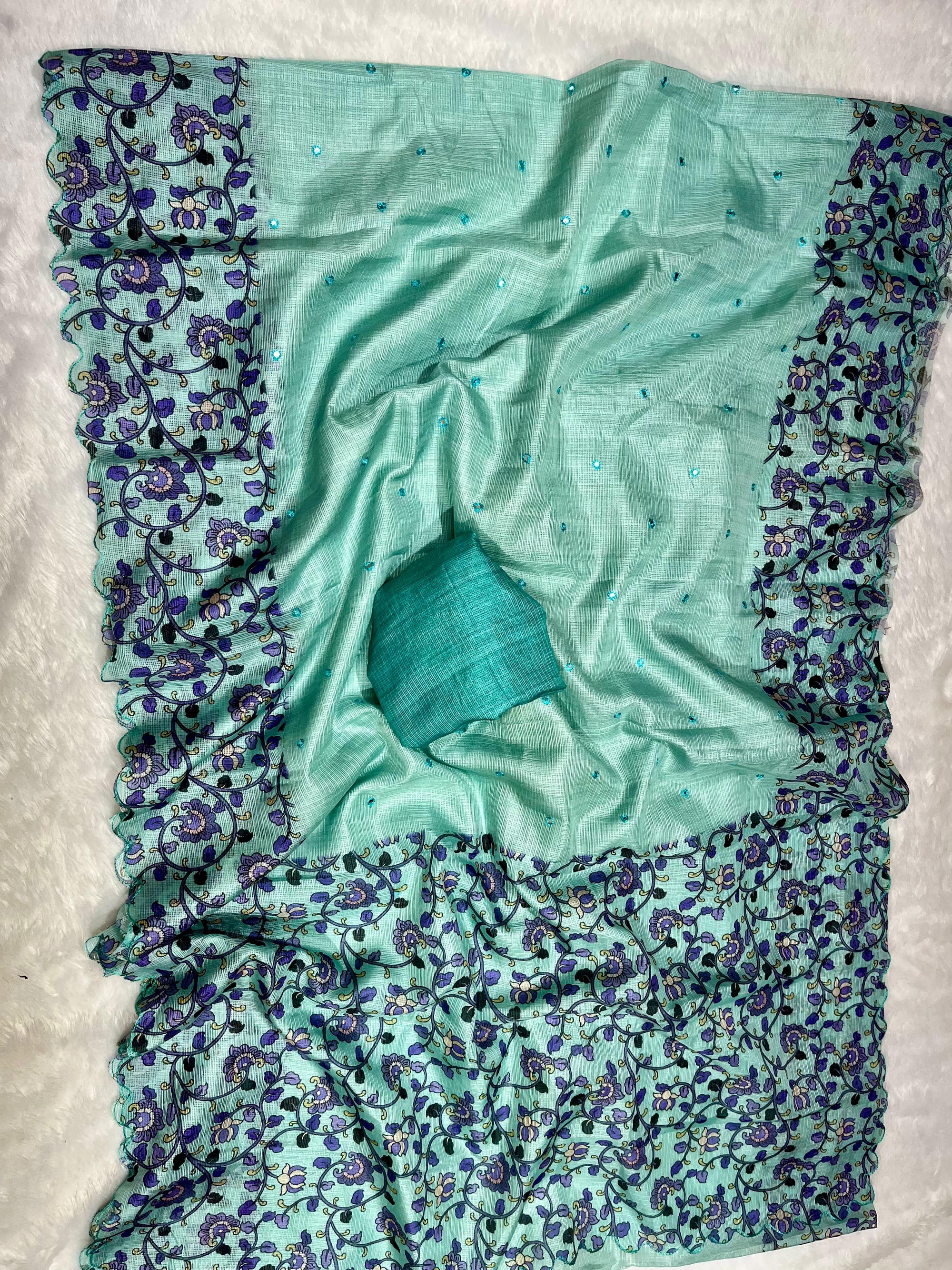 Teal Blue Soft Kota Silk Saree with Kalamkari Digital Prints & Mirror Work