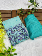 Teal Blue Soft Kota Silk Saree with Kalamkari Digital Prints & Mirror Work