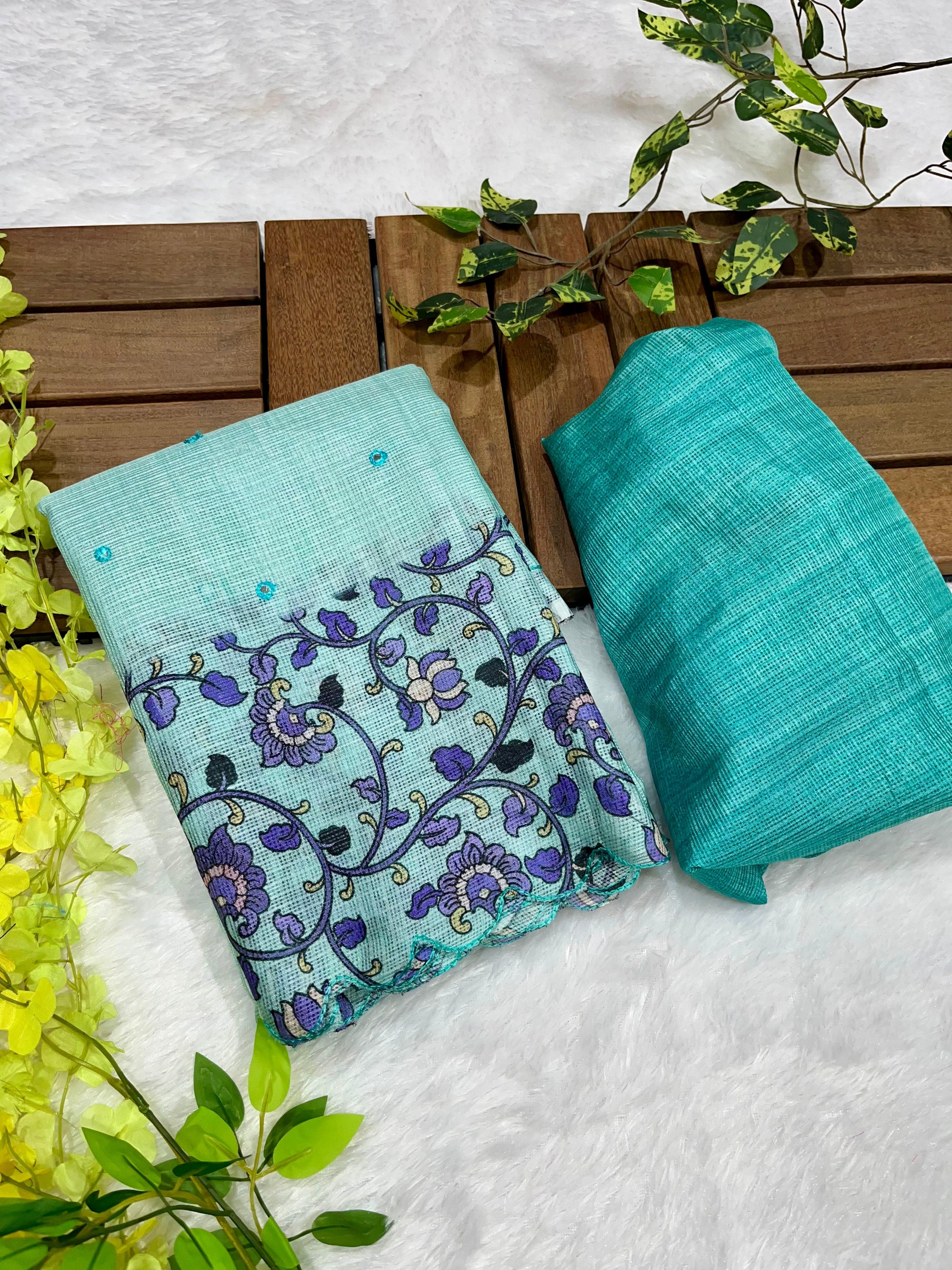 Teal Blue Soft Kota Silk Saree with Kalamkari Digital Prints & Mirror Work