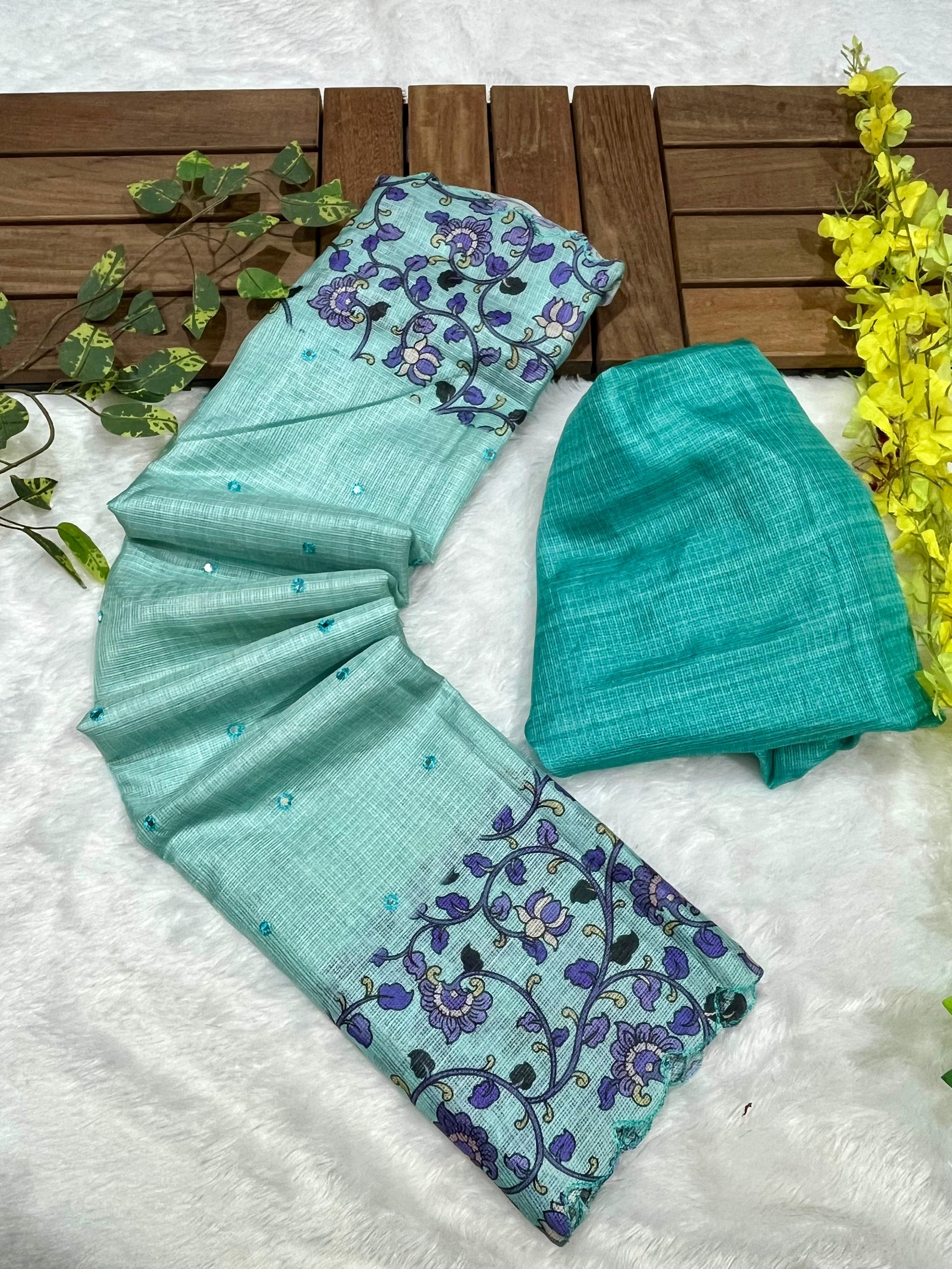 Teal Blue Soft Kota Silk Saree with Kalamkari Digital Prints & Mirror Work