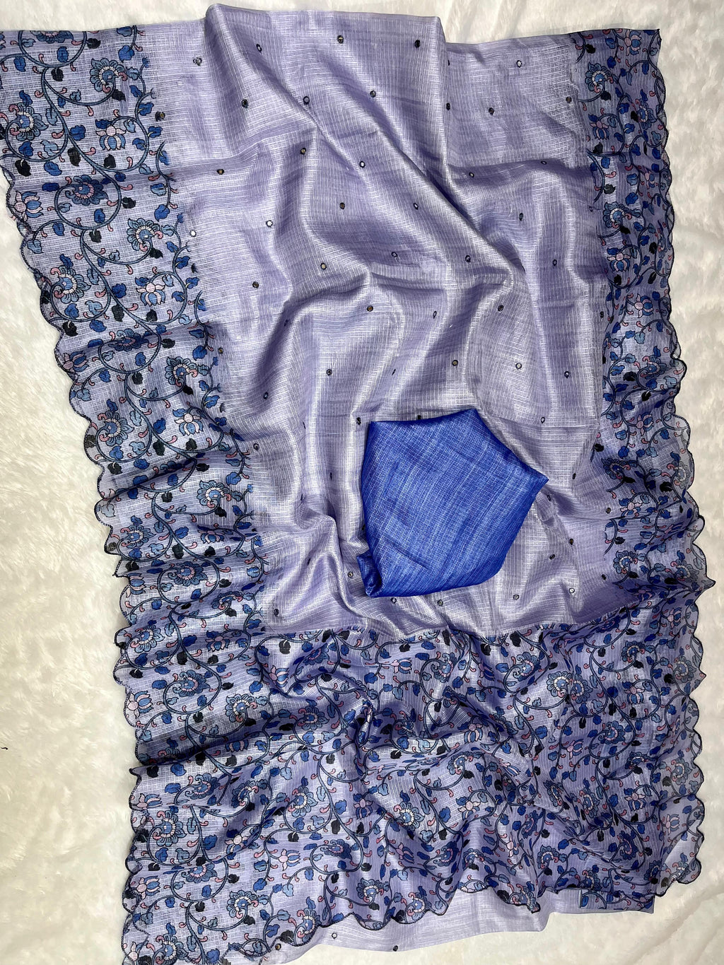 Lavender Soft Kota Silk Saree with Kalamkari Digital Prints & Mirror Work