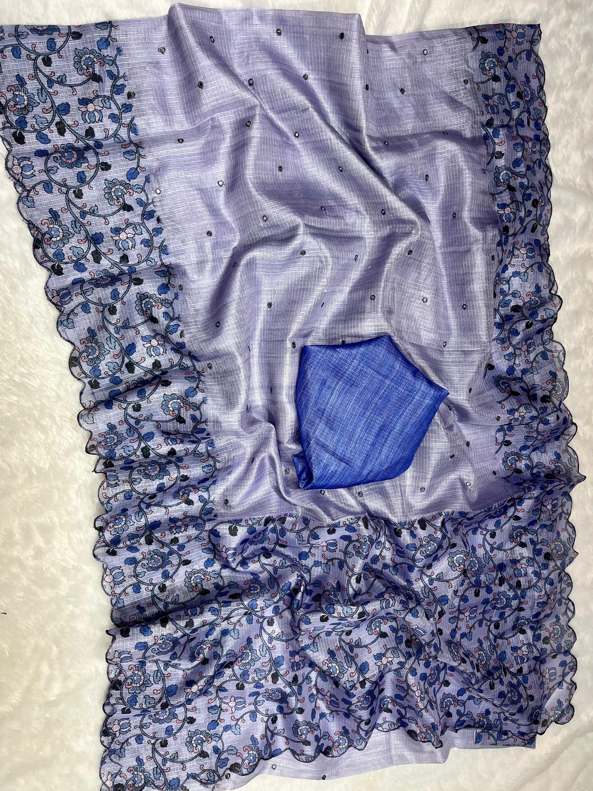 Lavender Soft Kota Silk Saree with Kalamkari Digital Prints & Mirror Work