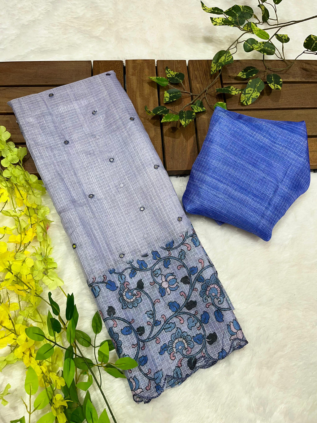 Lavender Soft Kota Silk Saree with Kalamkari Digital Prints & Mirror Work