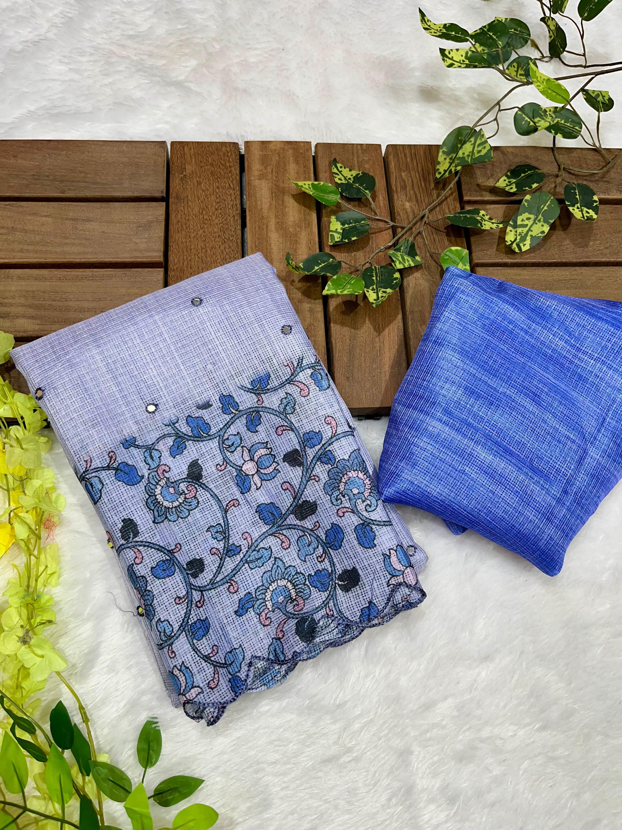 Lavender Soft Kota Silk Saree with Kalamkari Digital Prints & Mirror Work