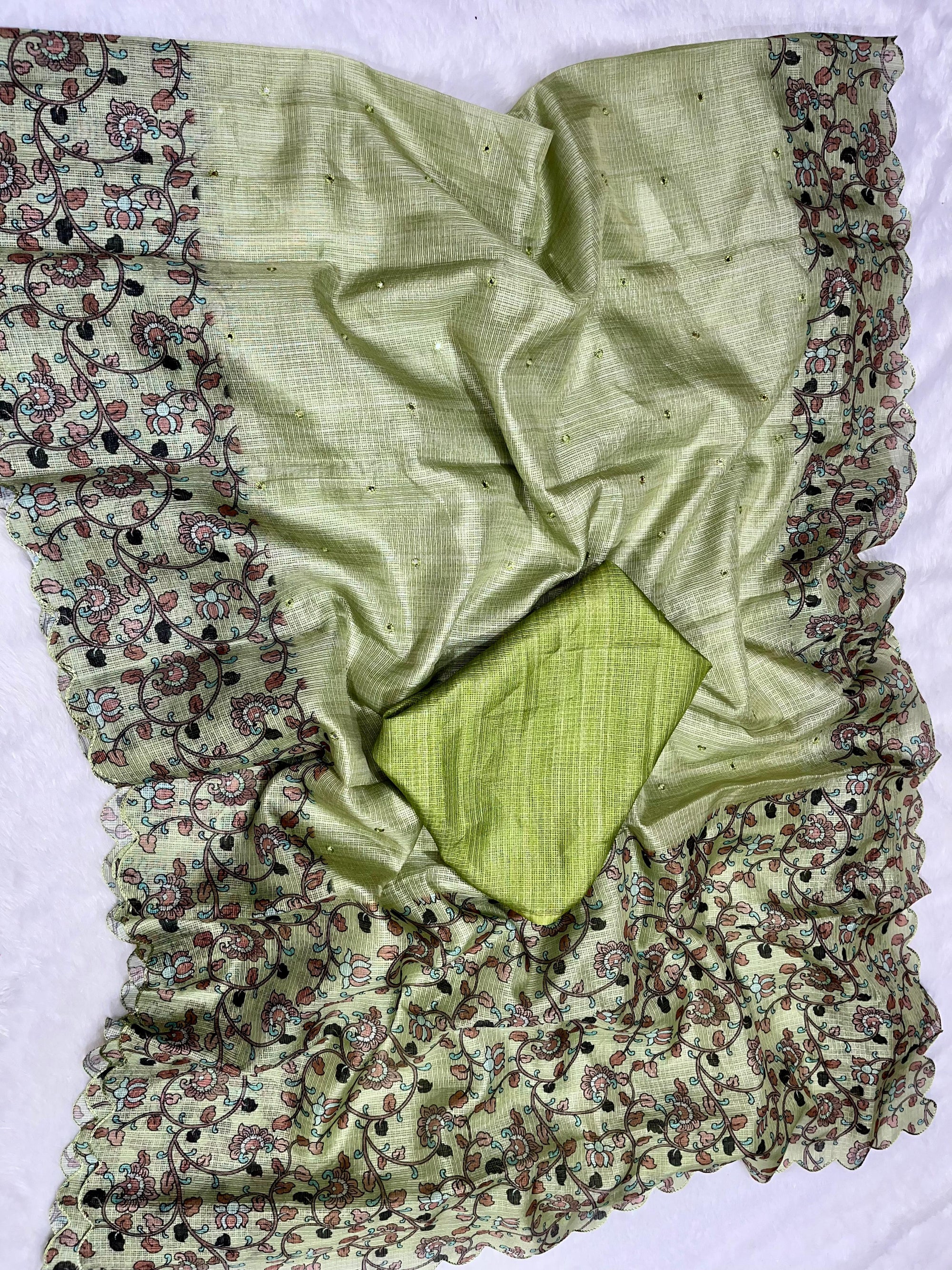 Pista Green Soft Kota Silk Saree with Kalamkari Digital Prints & Mirror Work