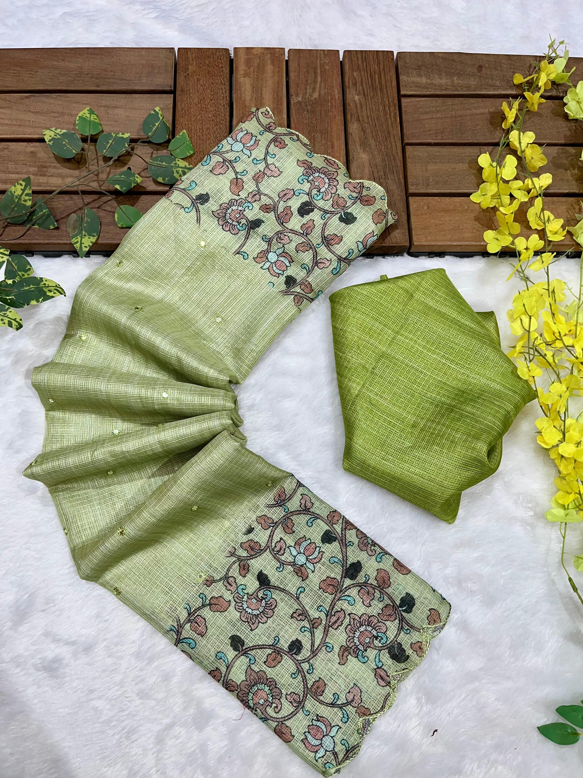 Pista Green Soft Kota Silk Saree with Kalamkari Digital Prints & Mirror Work