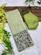 Pista Green Soft Kota Silk Saree with Kalamkari Digital Prints & Mirror Work