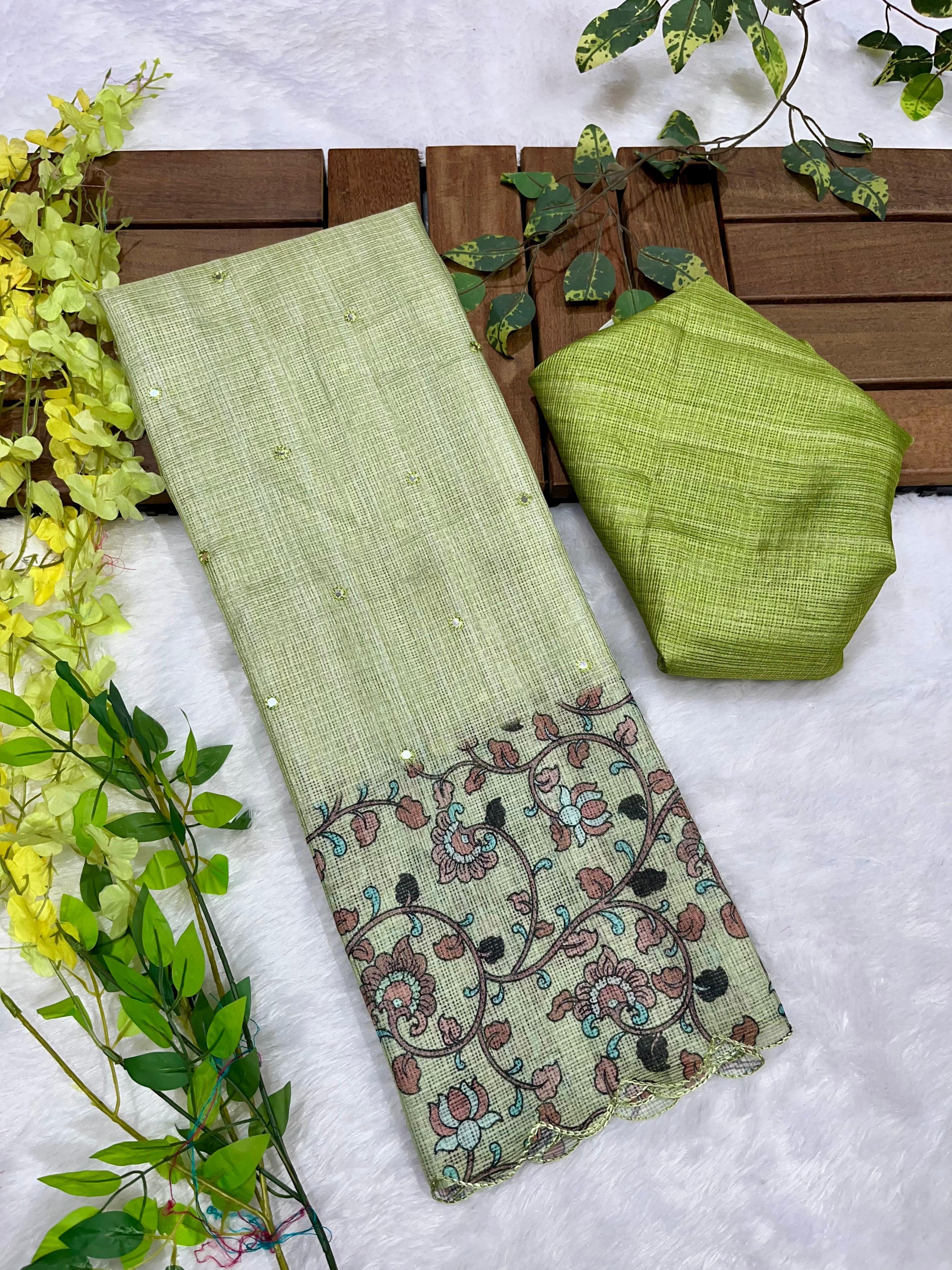 Pista Green Soft Kota Silk Saree with Kalamkari Digital Prints & Mirror Work