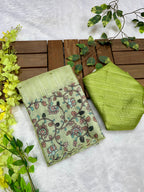 Pista Green Soft Kota Silk Saree with Kalamkari Digital Prints & Mirror Work