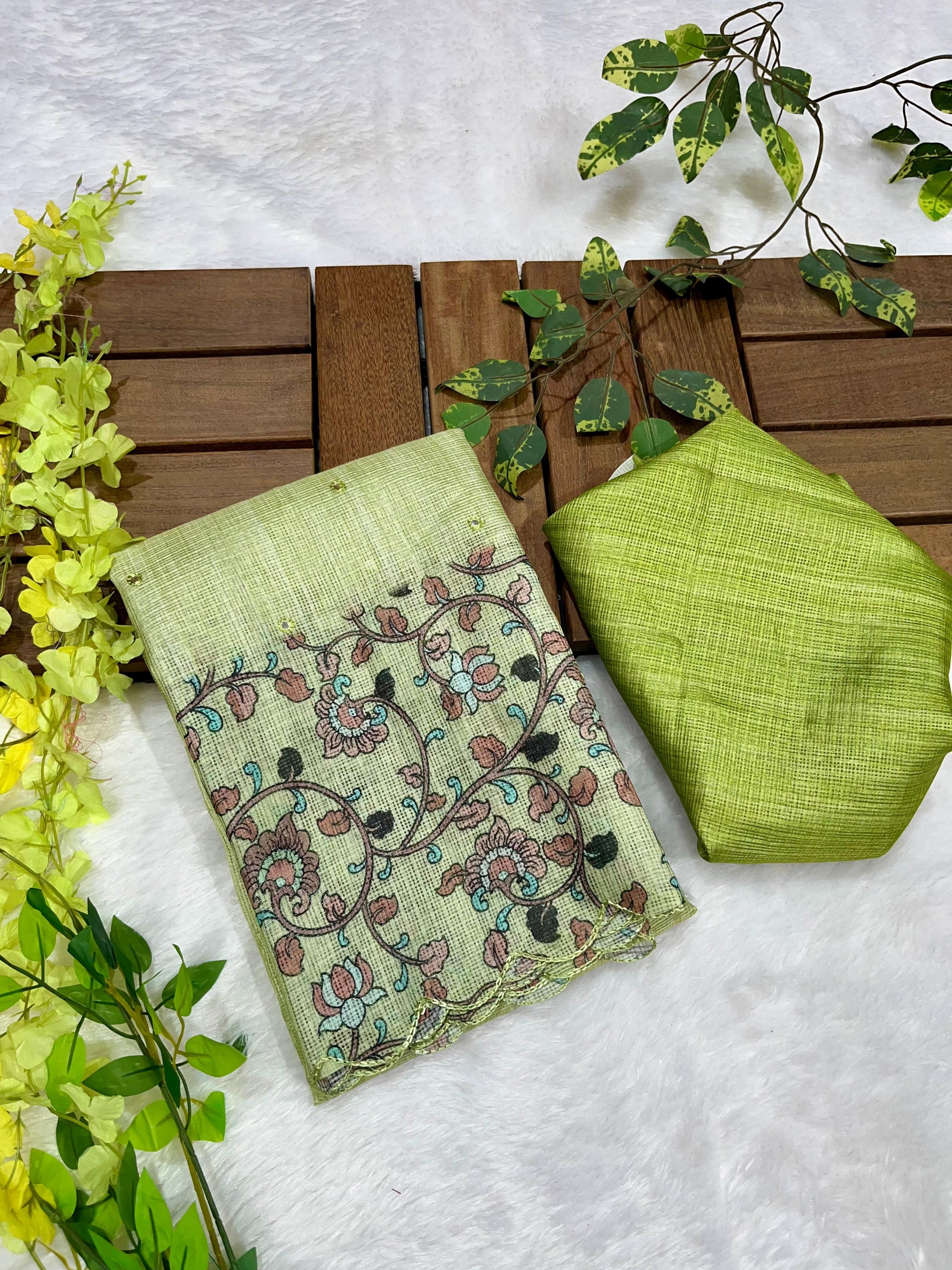 Pista Green Soft Kota Silk Saree with Kalamkari Digital Prints & Mirror Work