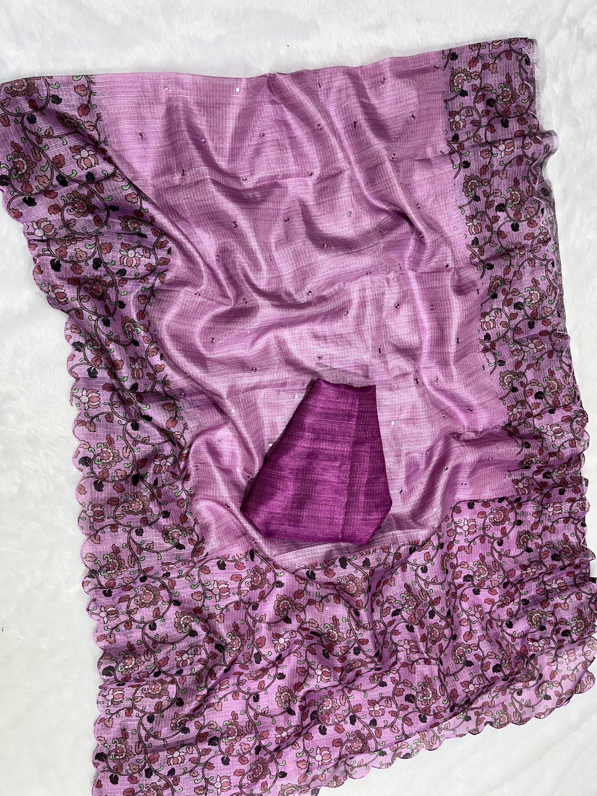 Onion Soft Kota Silk Saree with Kalamkari Digital Prints & Mirror Work