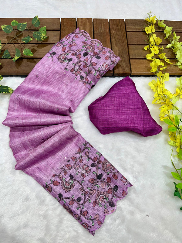 Onion Soft Kota Silk Saree with Kalamkari Digital Prints & Mirror Work