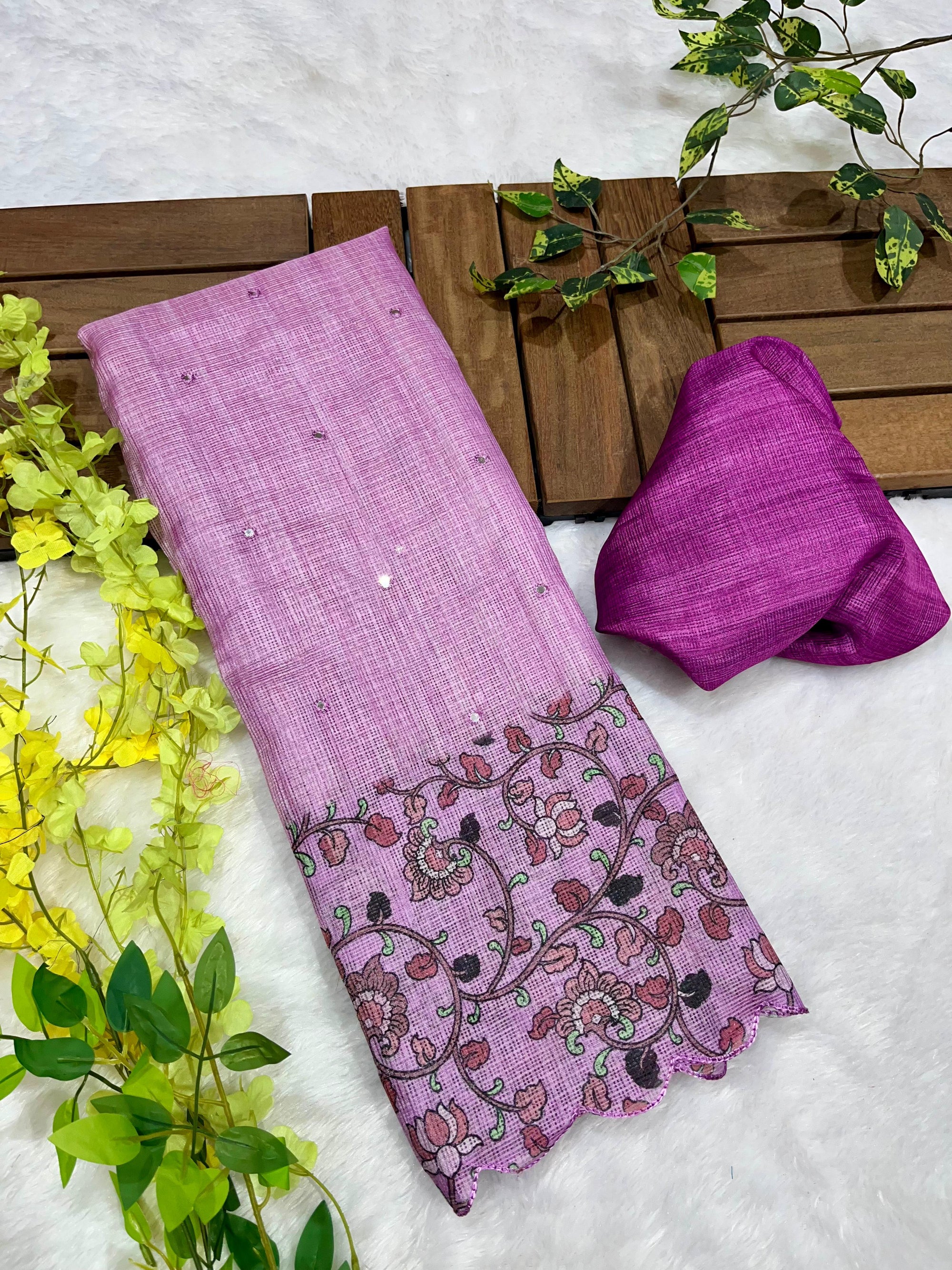 Onion Soft Kota Silk Saree with Kalamkari Digital Prints & Mirror Work