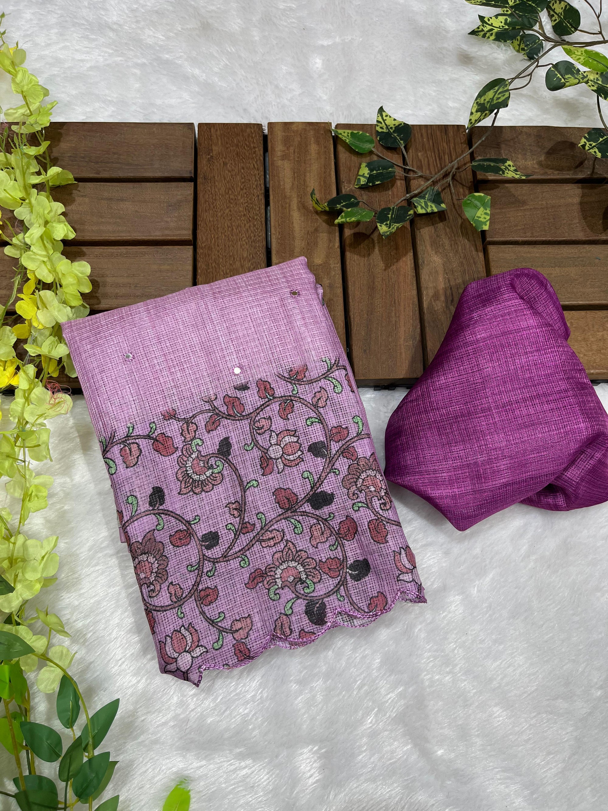 Onion Soft Kota Silk Saree with Kalamkari Digital Prints & Mirror Work