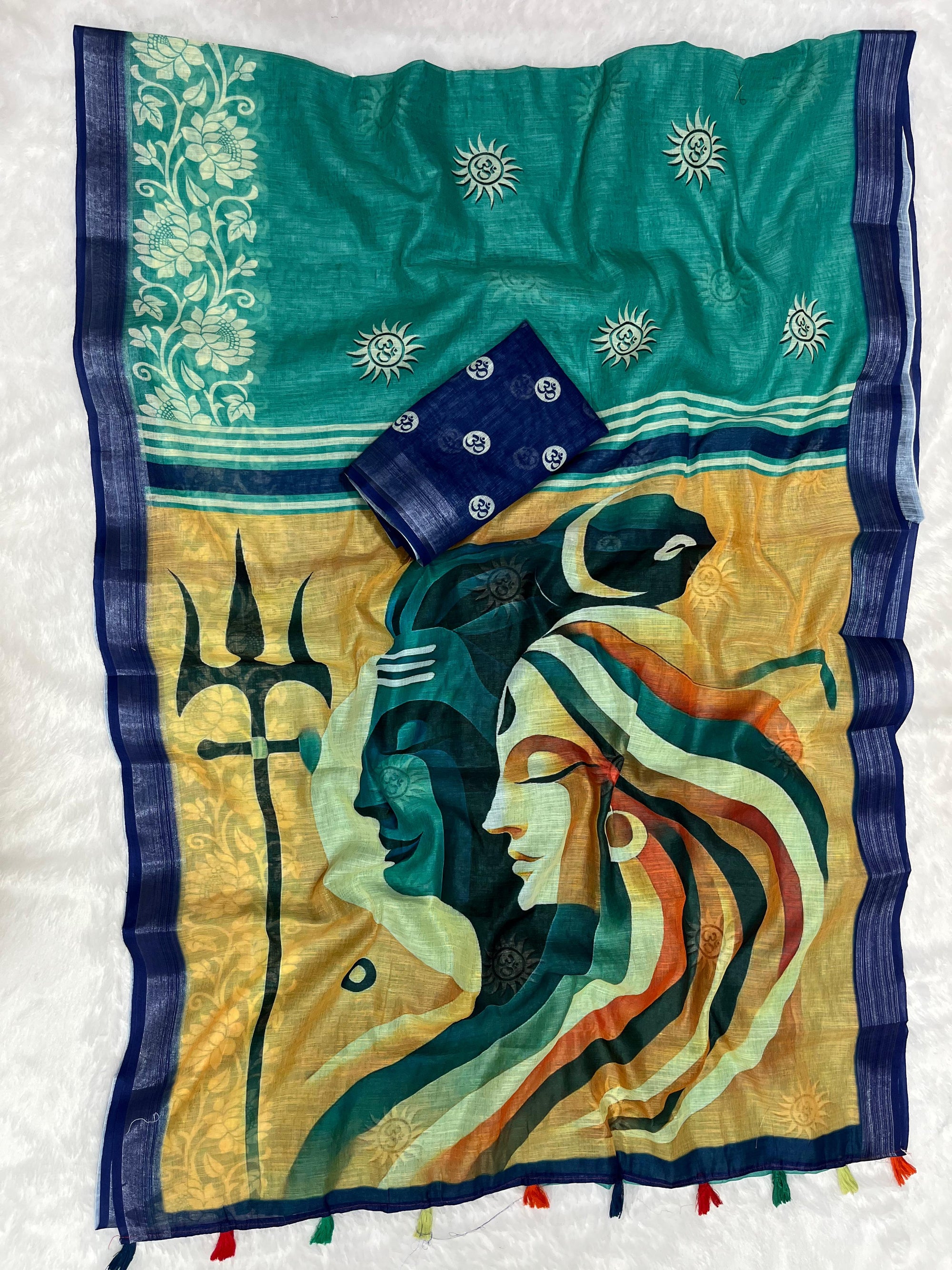 Teal Blue Shiv-Parvati Printed Soft Linen Cotton Saree with Silver Zari Border
