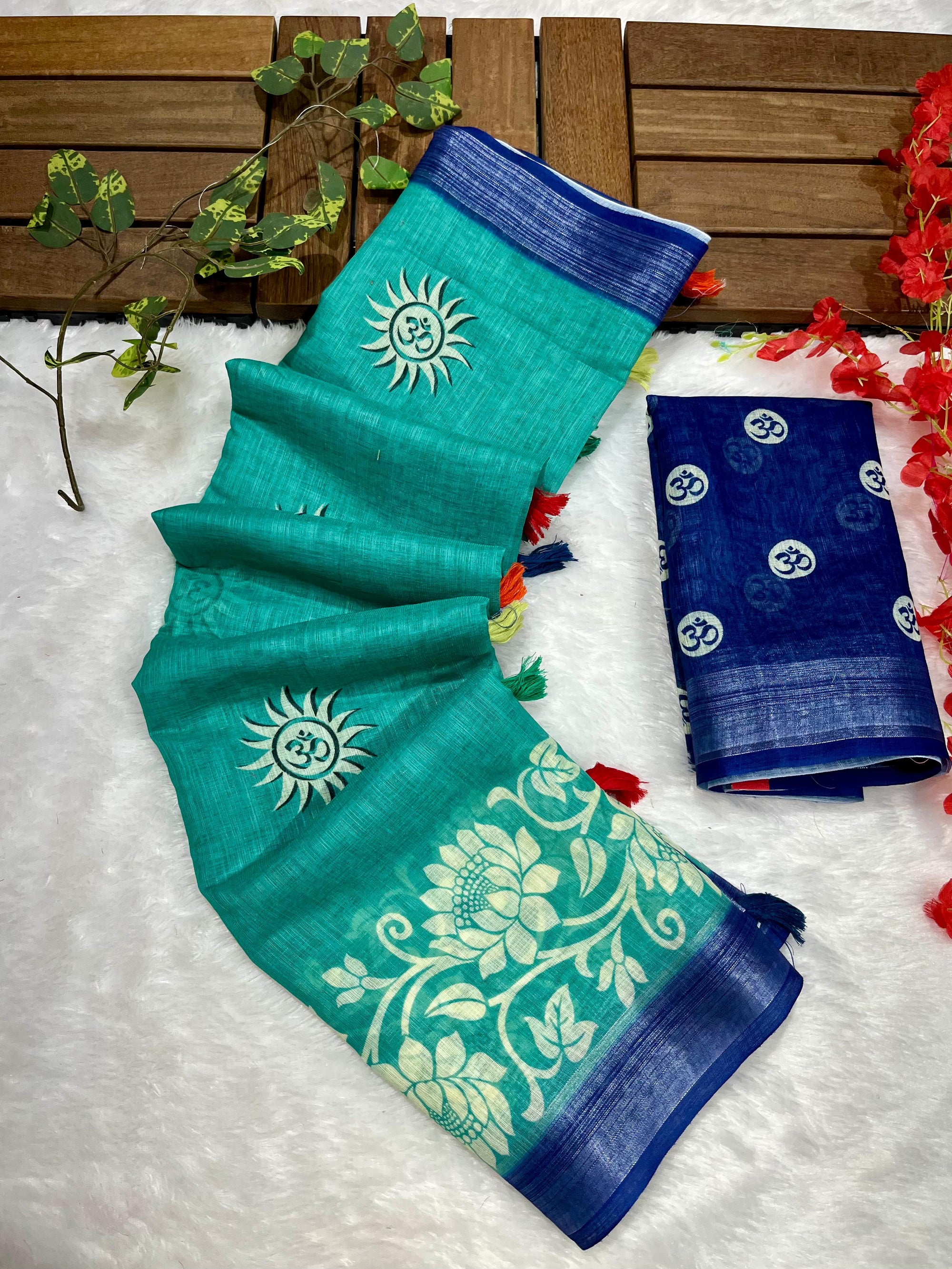 Teal Blue Shiv-Parvati Printed Soft Linen Cotton Saree with Silver Zari Border