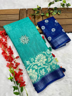 Teal Blue Shiv-Parvati Printed Soft Linen Cotton Saree with Silver Zari Border