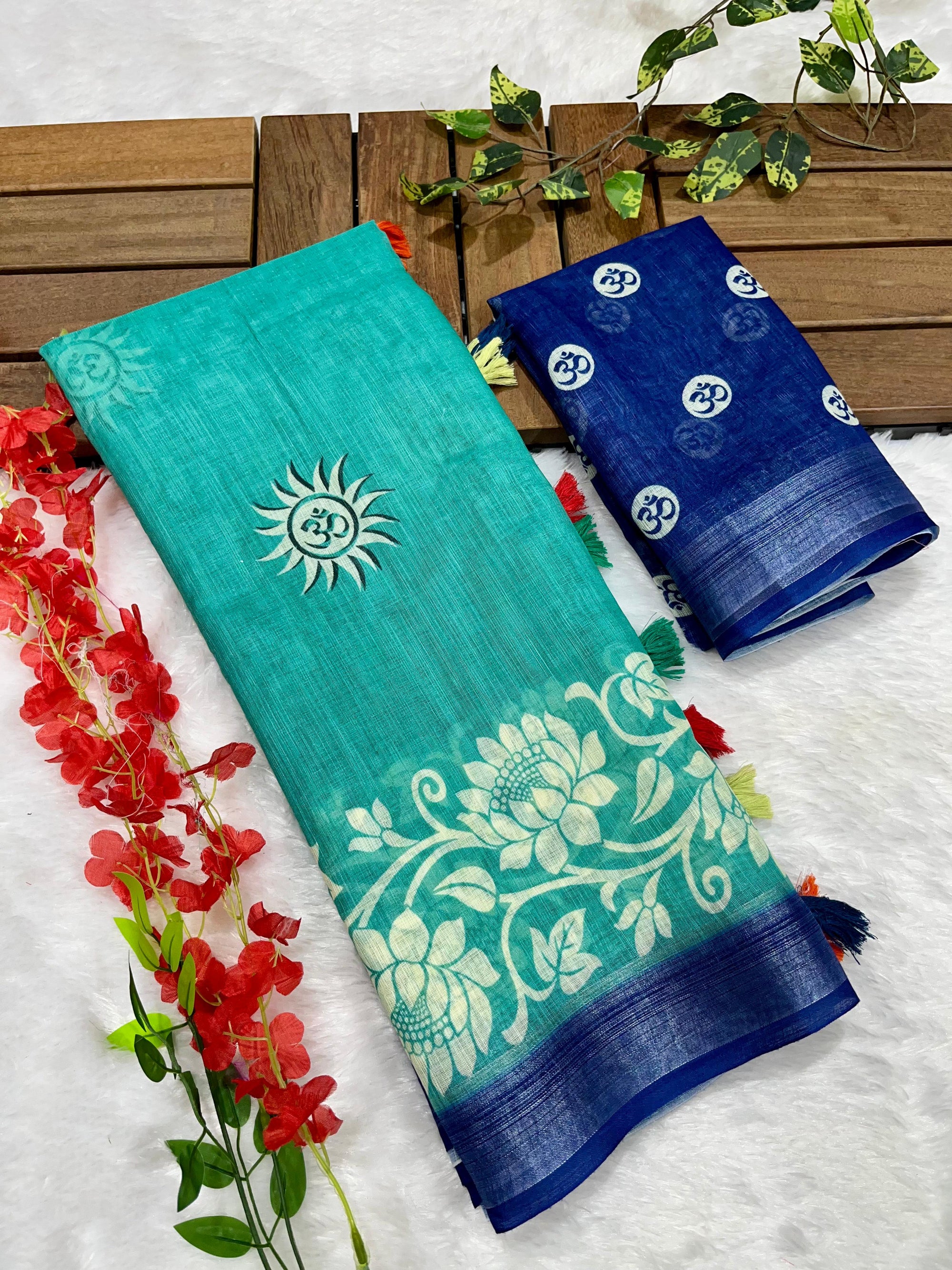 Teal Blue Shiv-Parvati Printed Soft Linen Cotton Saree with Silver Zari Border