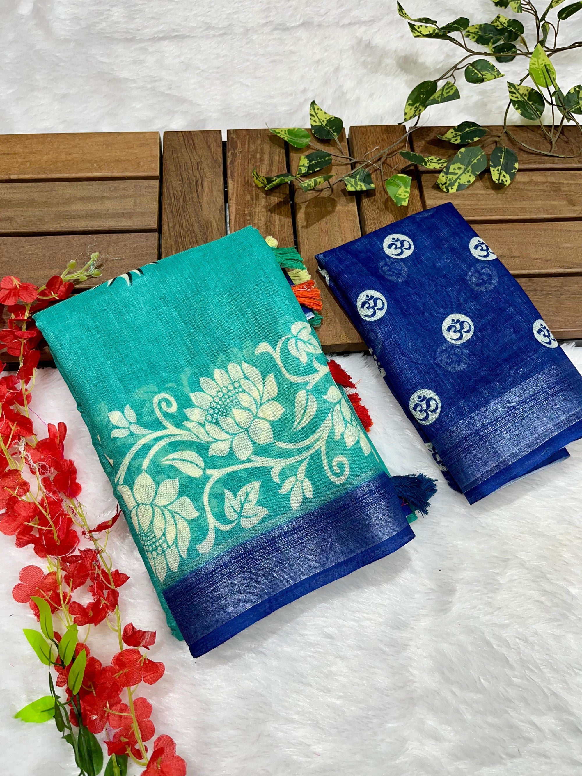 Teal Blue Shiv-Parvati Printed Soft Linen Cotton Saree with Silver Zari Border