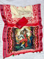 Cream-Red Shiv-Parvati Print Soft Linen Cotton Saree with Zari Border
