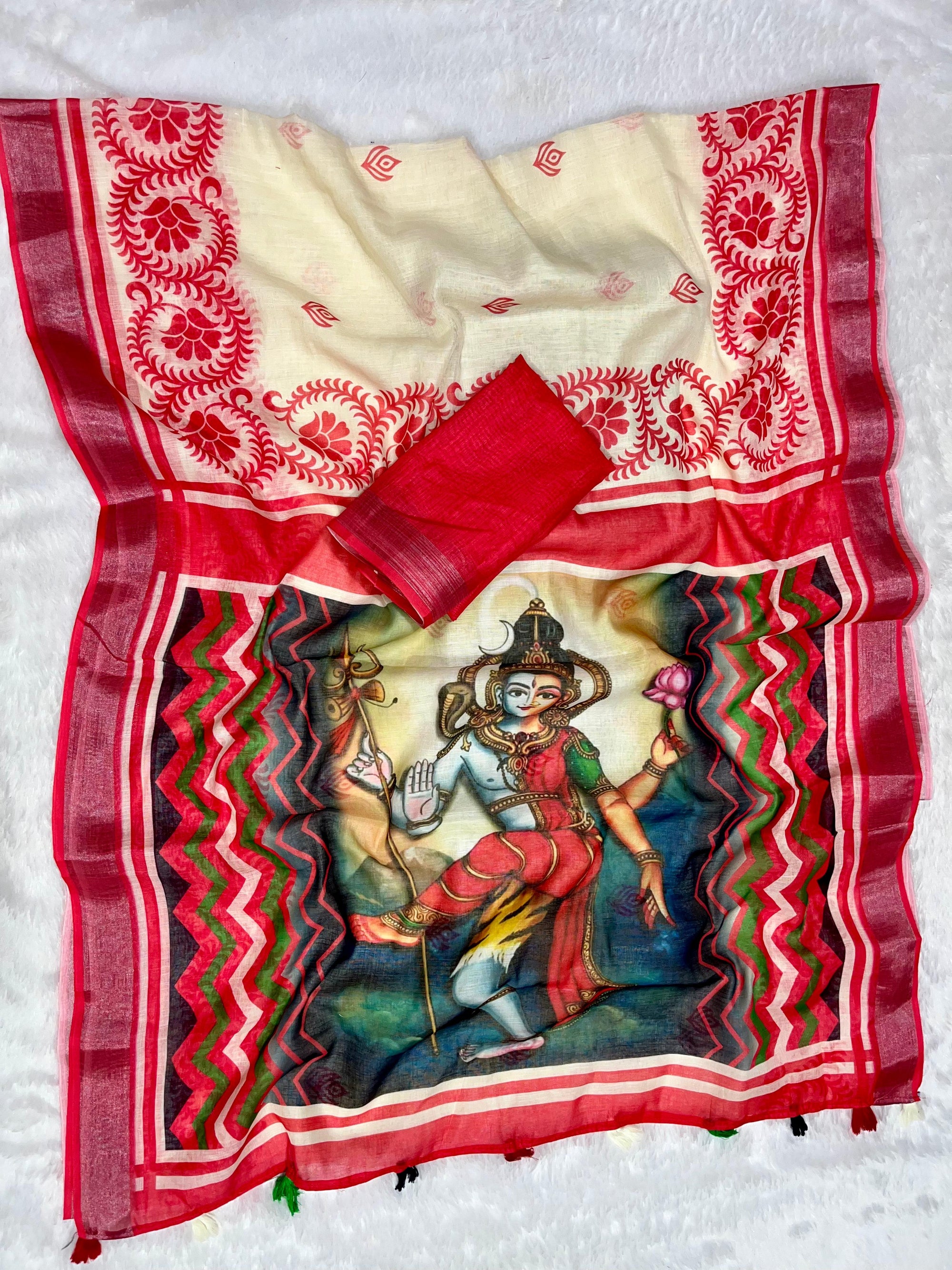Cream-Red Shiv-Parvati Print Soft Linen Cotton Saree with Zari Border
