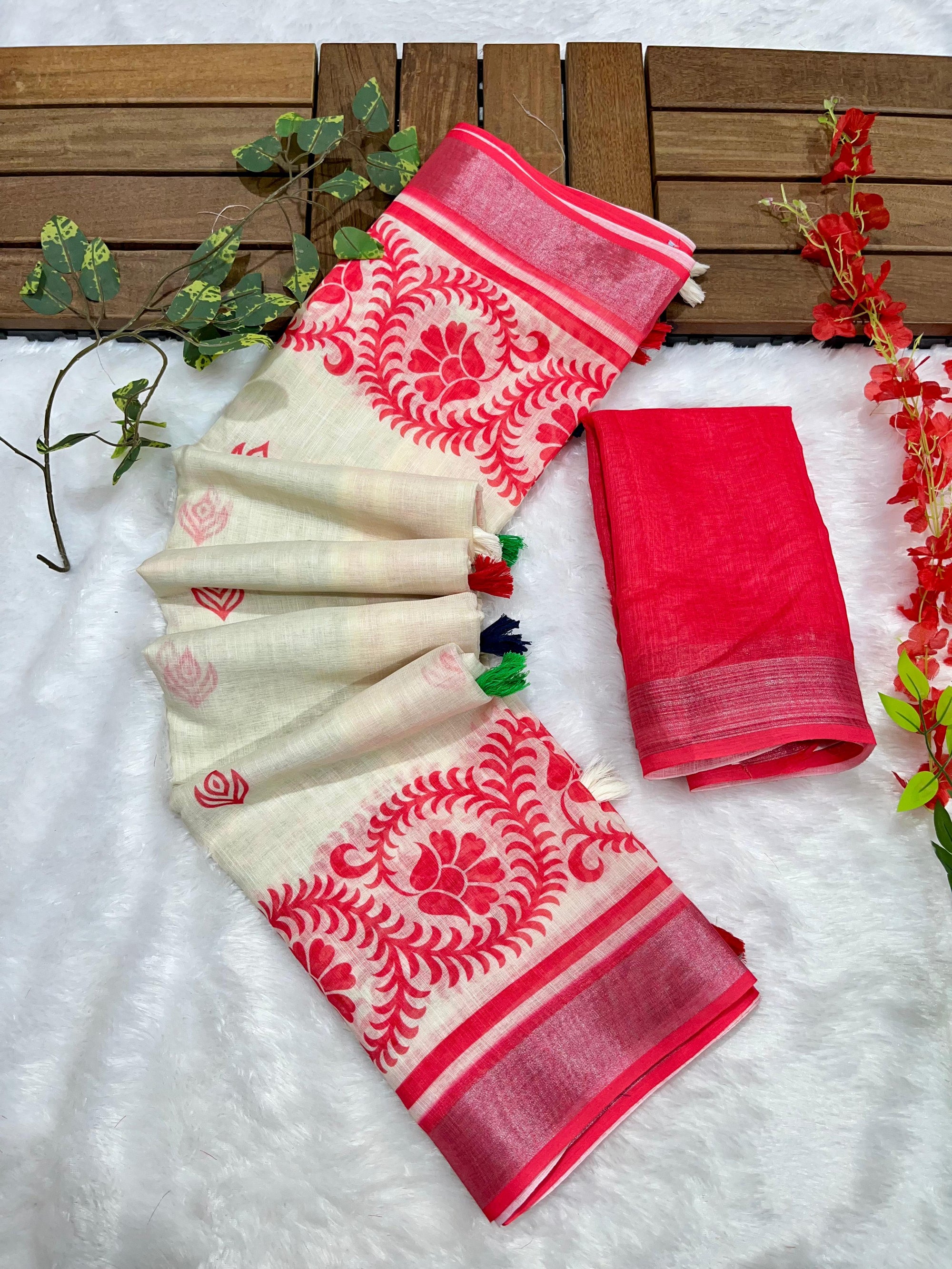Cream-Red Shiv-Parvati Print Soft Linen Cotton Saree with Zari Border
