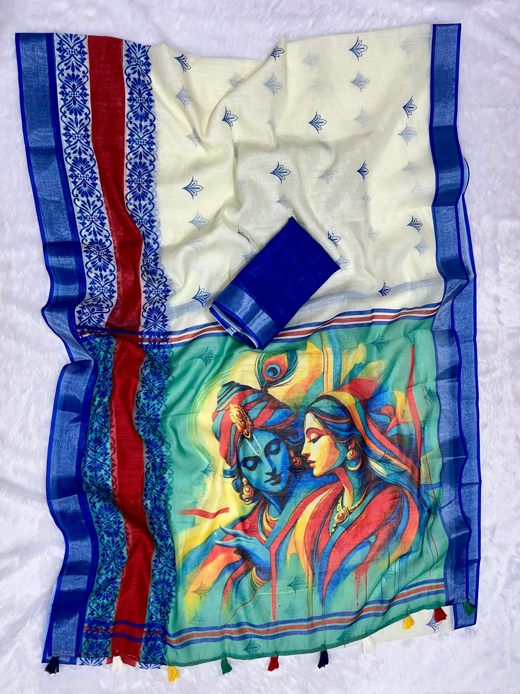 Cream-Blue Radha Krishna printed Soft Linen Cotton Saree with Zari Border