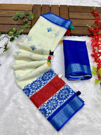 Cream-Blue Radha Krishna printed Soft Linen Cotton Saree with Zari Border