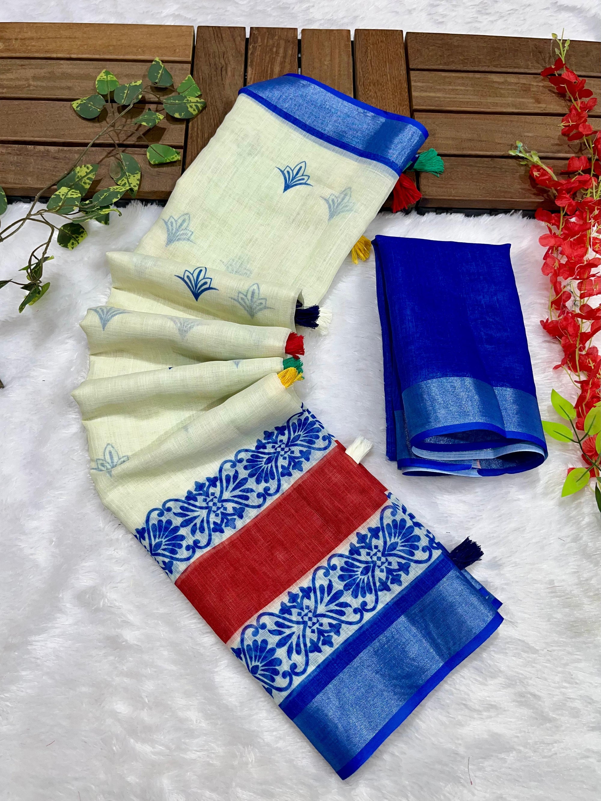 Cream-Blue Radha Krishna printed Soft Linen Cotton Saree with Zari Border