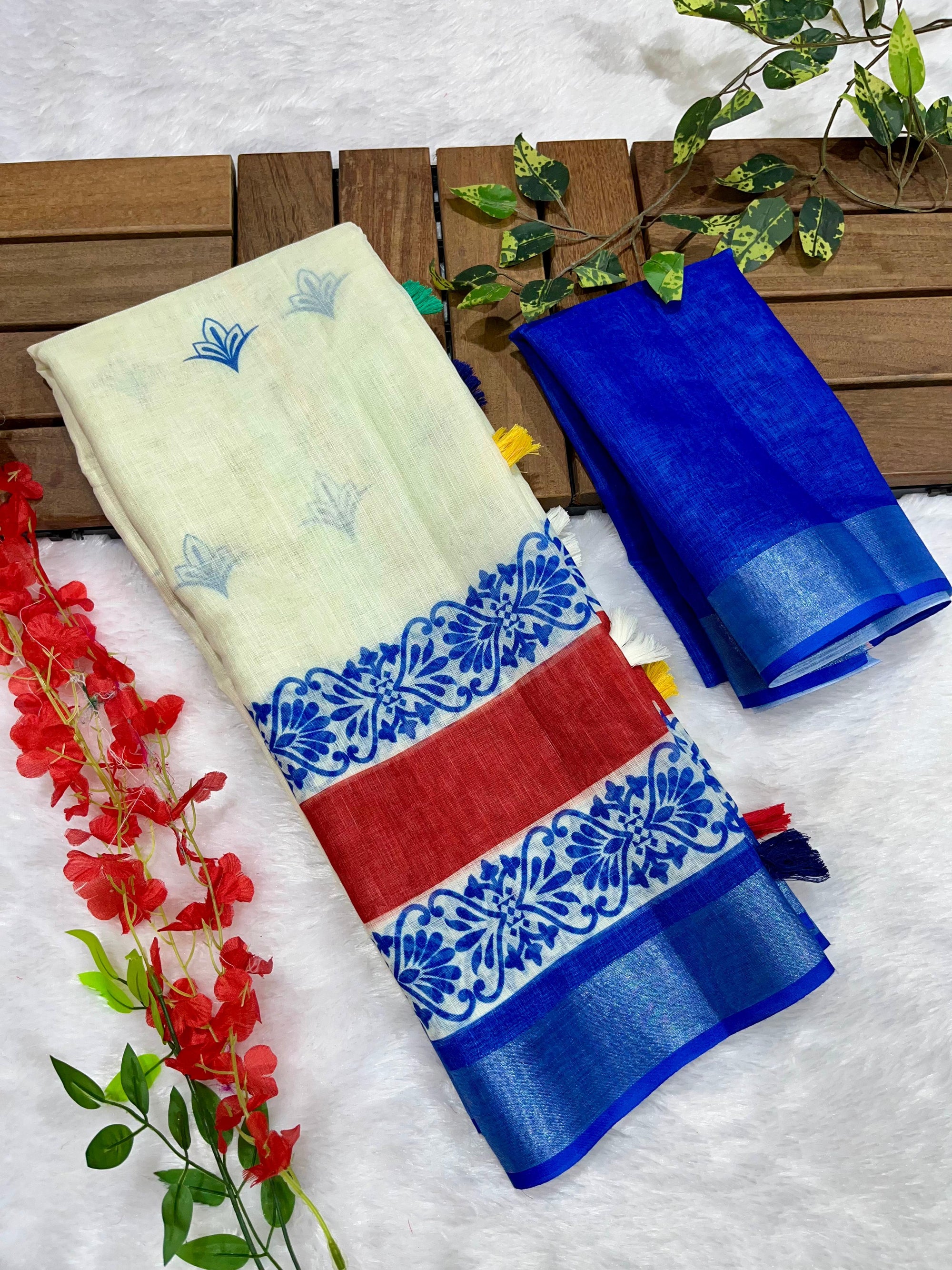 Cream-Blue Radha Krishna printed Soft Linen Cotton Saree with Zari Border