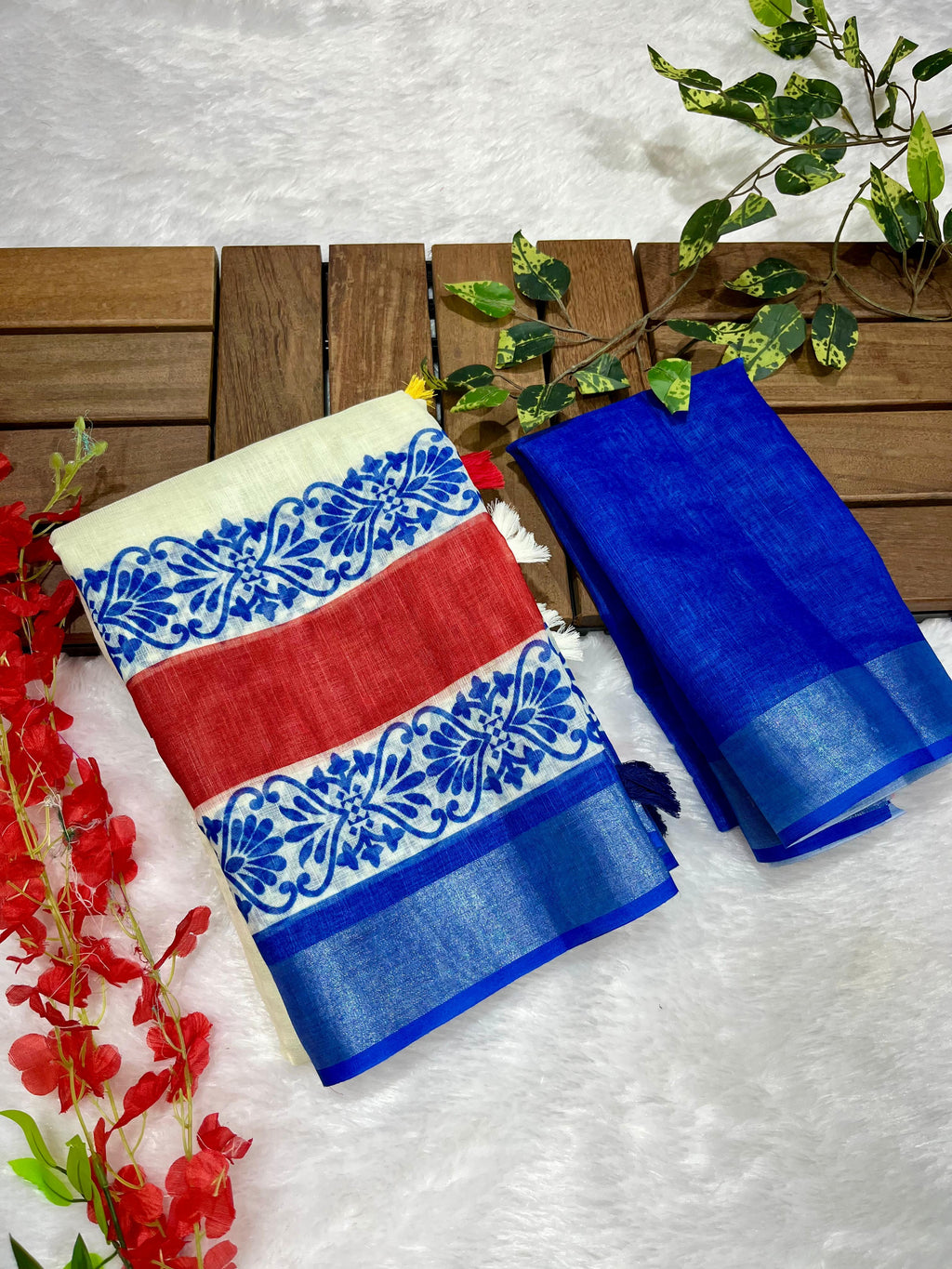 Cream-Blue Radha Krishna printed Soft Linen Cotton Saree with Zari Border