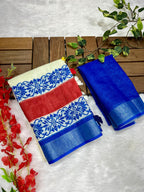 Cream-Blue Radha Krishna printed Soft Linen Cotton Saree with Zari Border