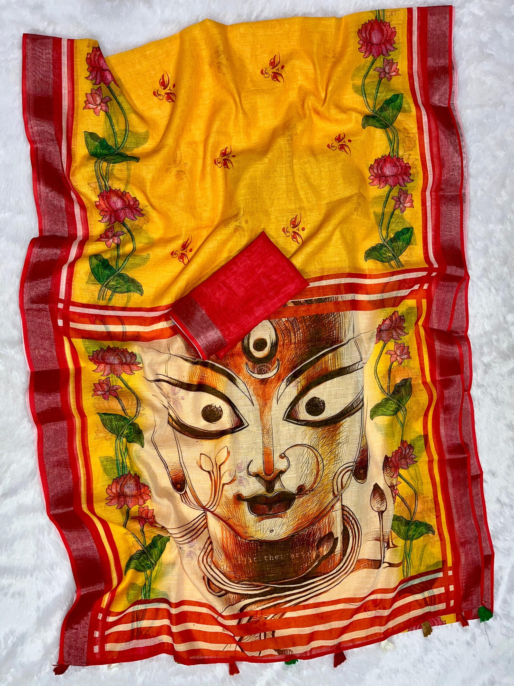 Yellow-Red Maa Eyes Motif Print Soft Linen Cotton Saree with Zari Border