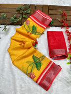 Yellow-Red Maa Eyes Motif Print Soft Linen Cotton Saree with Zari Border