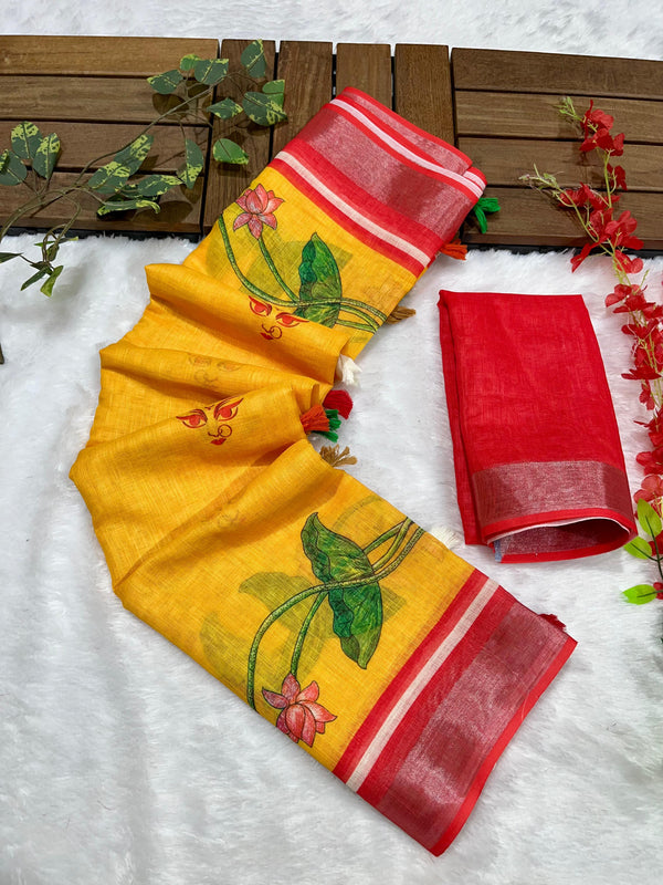 Yellow-Red Maa Eyes Motif Print Soft Linen Cotton Saree with Zari Border