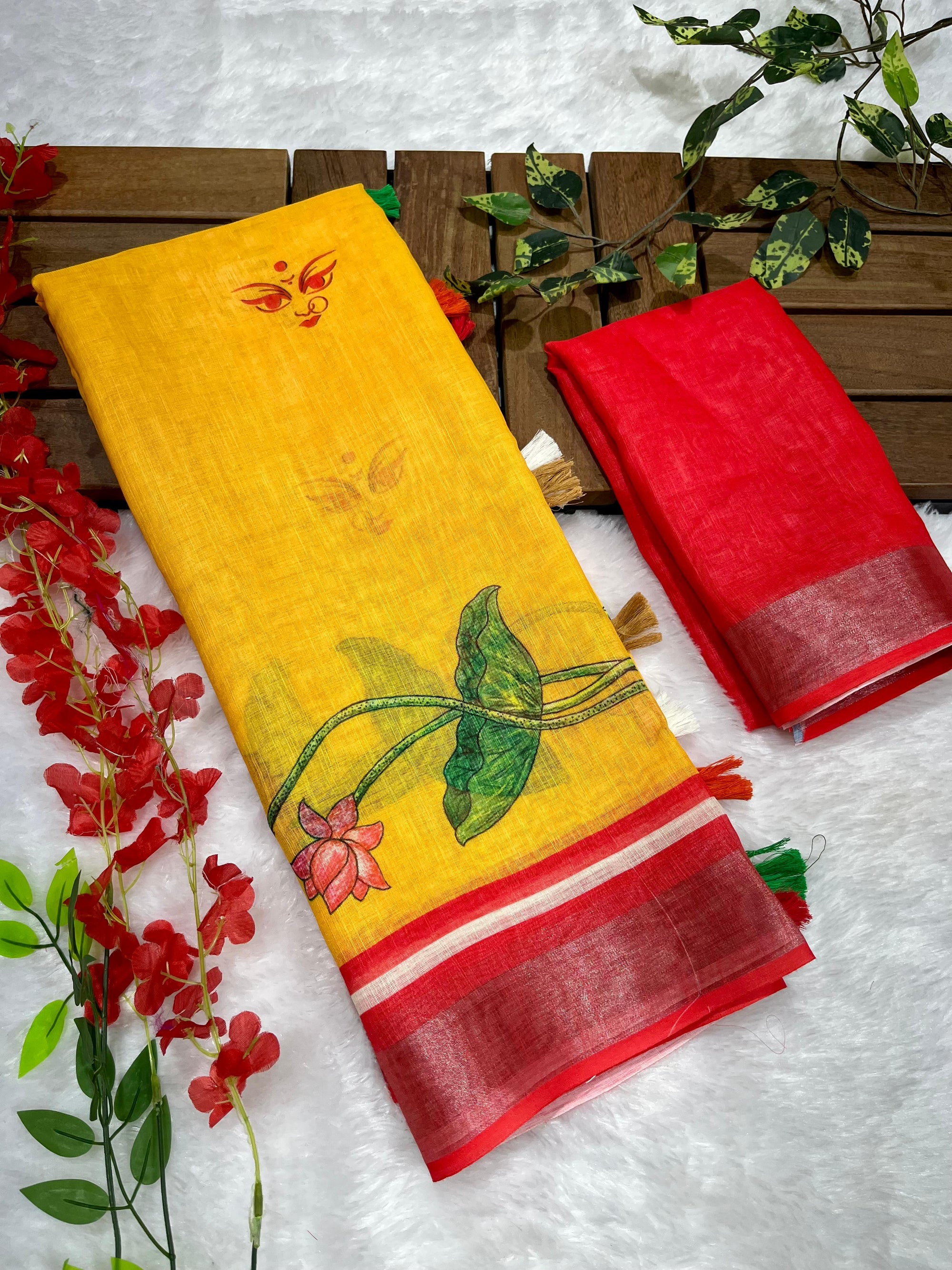 Yellow-Red Maa Eyes Motif Print Soft Linen Cotton Saree with Zari Border