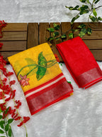 Yellow-Red Maa Eyes Motif Print Soft Linen Cotton Saree with Zari Border