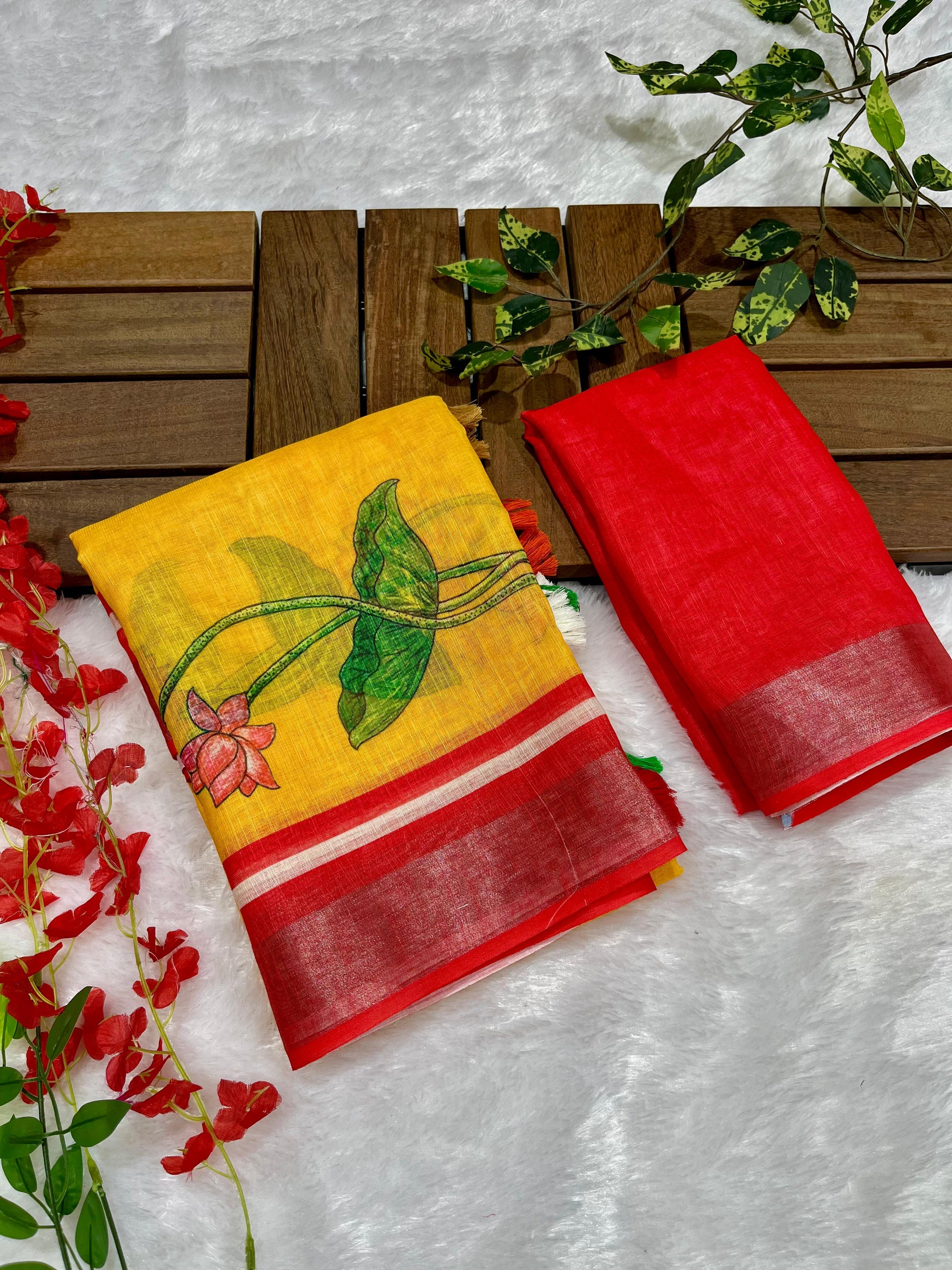 Yellow-Red Maa Eyes Motif Print Soft Linen Cotton Saree with Zari Border