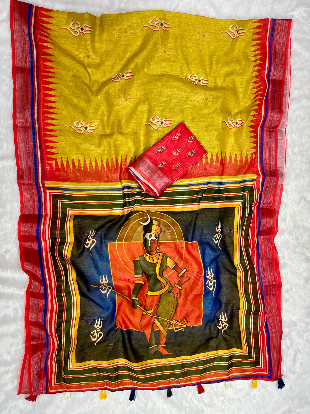 Mehendi-Red Shiv-Parvati Print Soft Linen Cotton Saree with Zari Border