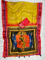 Mehendi-Red Shiv-Parvati Print Soft Linen Cotton Saree with Zari Border
