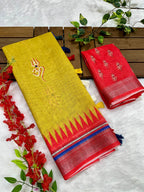 Mehendi-Red Shiv-Parvati Print Soft Linen Cotton Saree with Zari Border