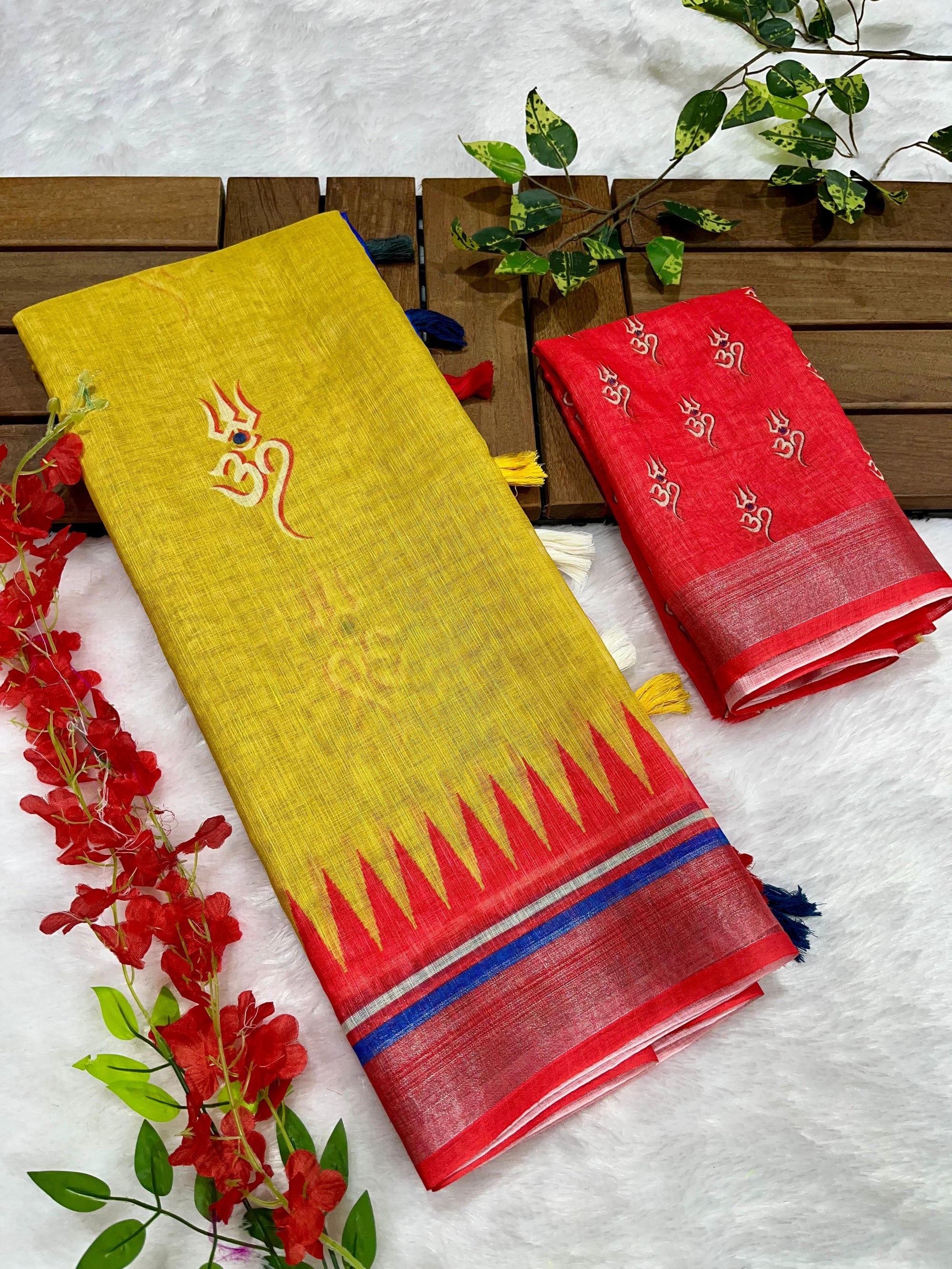 Mehendi-Red Shiv-Parvati Print Soft Linen Cotton Saree with Zari Border
