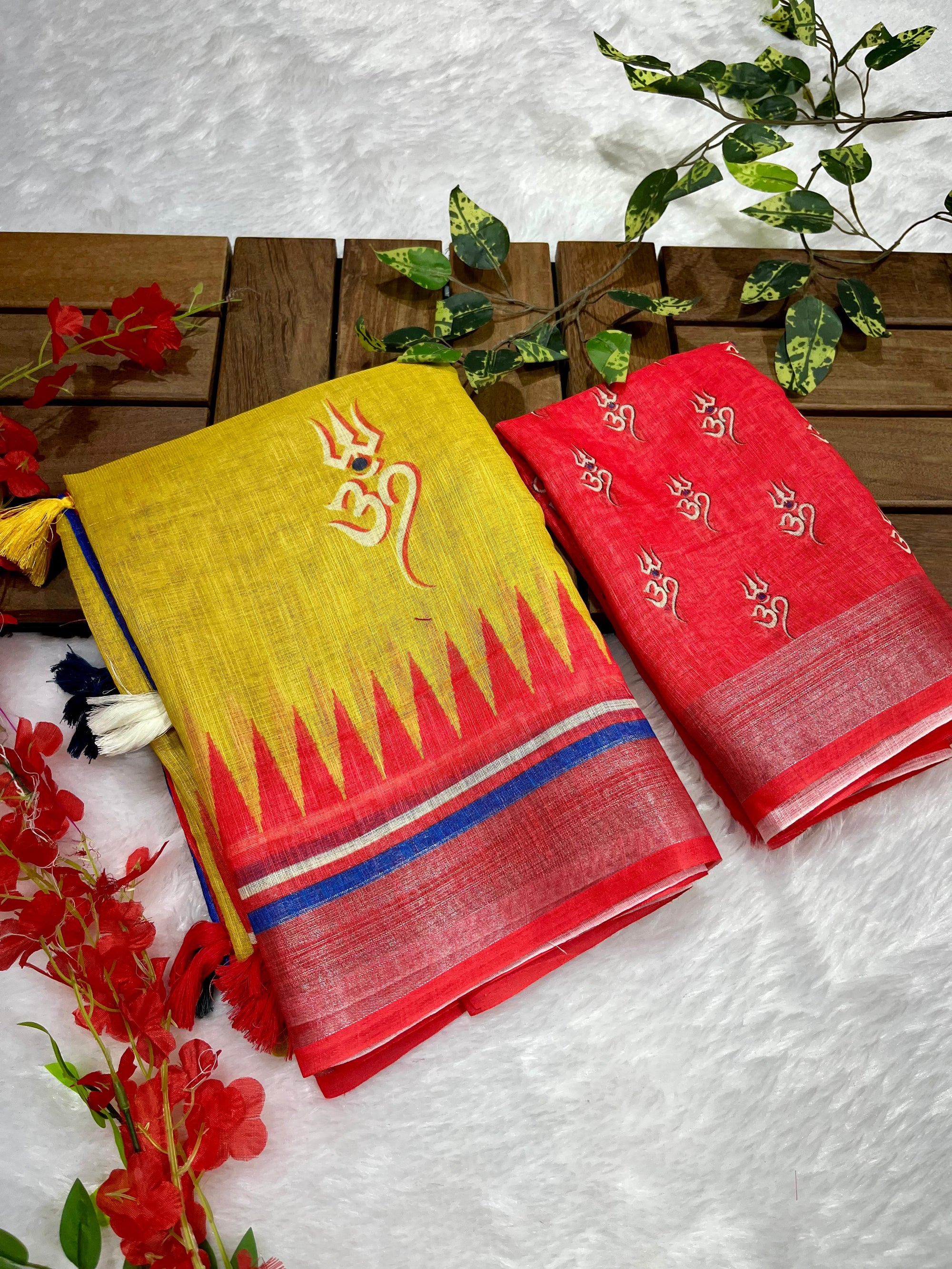 Mehendi-Red Shiv-Parvati Print Soft Linen Cotton Saree with Zari Border