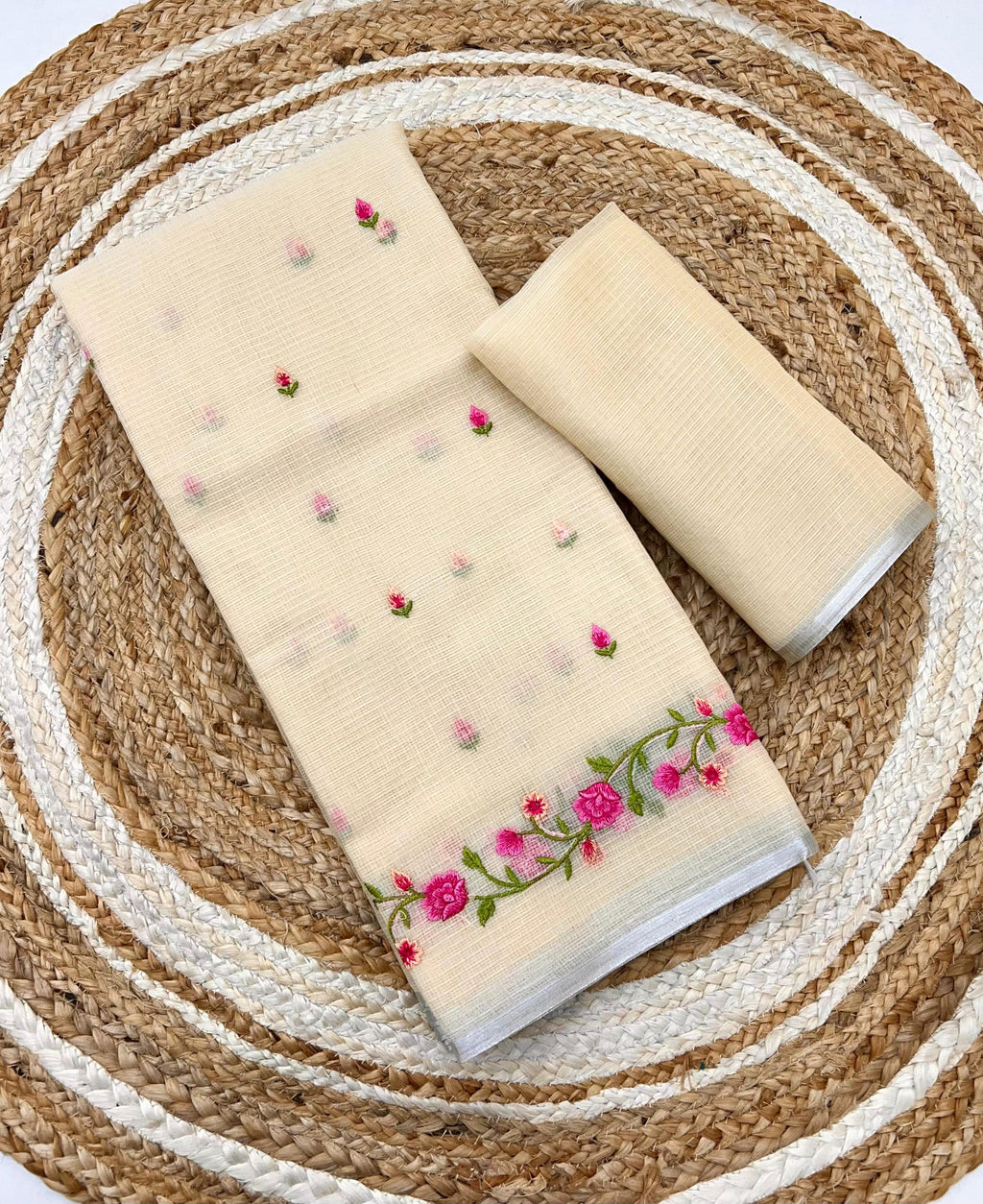 Cream Pure Kota Doriya Saree with Floral Embroidery & Handmade Tassels